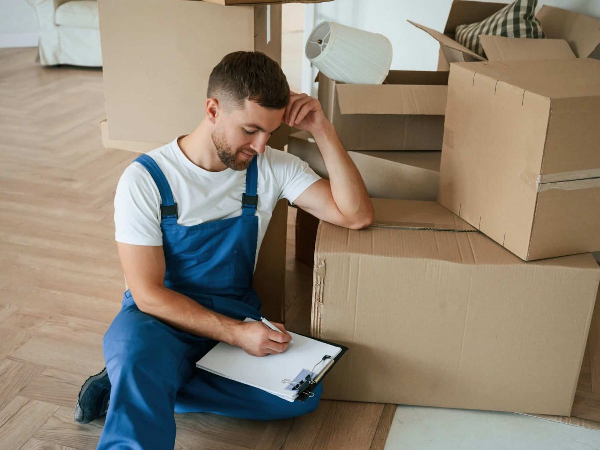 Moving service employee in a room